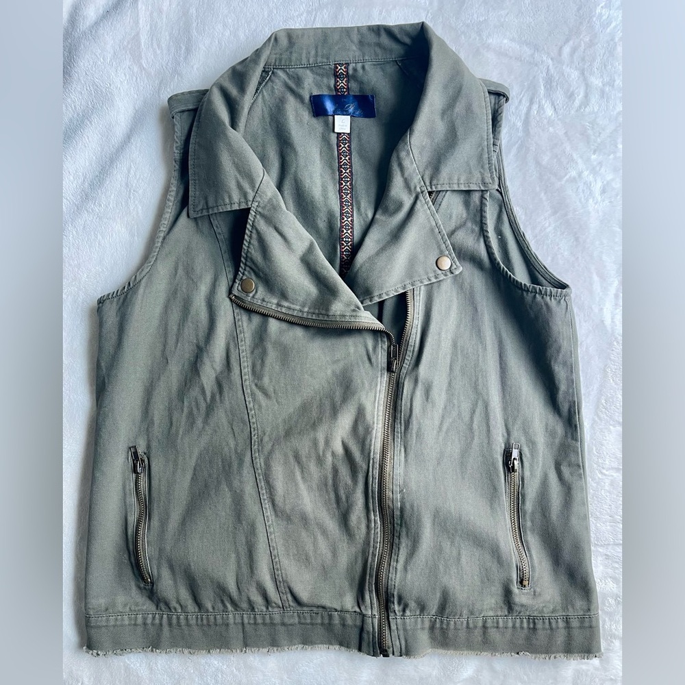 Blue Rain Olive Green Cotton Moto Utility Vest Raw Hem Large